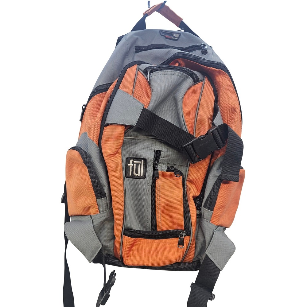 Ful Backpack Orange Grey Multi Pocket Padded Tech Bag Gorpcore Rugged Canvas